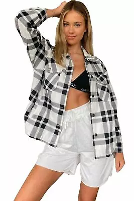 Buy Ladies Check Fleece Jacket Oversize Shacket Collared Baggy Casual Shirt Coat Top • 9.51£