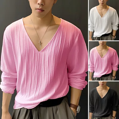 Buy UK Fashion Mens V-Neck Long Sleeve Tops T-Shirts Casual Loose Solid Shirt Blouse • 11.99£