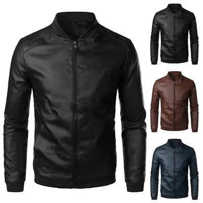 Buy Men's Long Sleeve Faux Leather Bomber Jacket Lightweight Zip Outerwear Xmas UK~~ • 18.65£