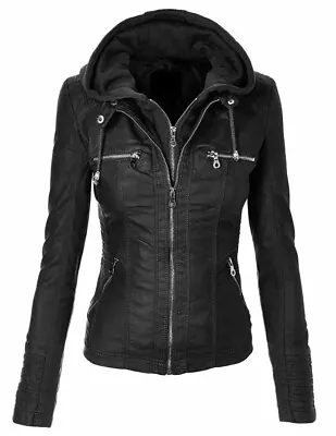 Buy Women's Black Biker Motorcycle Stylish Real Leather Jacket Coat - Detach Hoodie • 87.77£