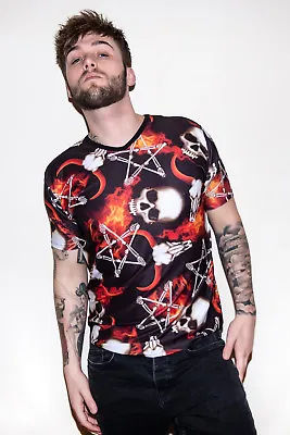 Buy Occult Pentagram Bone Skull Horned Ram Flame Alternative T-shirt Top Gothic Emo • 21.99£