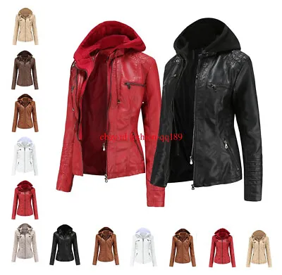 Buy Women's Hooded Leather Jacket 2in1 Detachable Hat Coat PU Leather Jacket UK6-18 • 14.34£