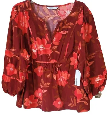 Buy Womens 2X Corduroy Top Peasant Shirt Split Neck Red Boho Floral Relaxed Fit NWTS • 13.23£