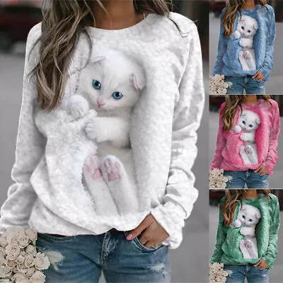 Buy Womens Spring Cat Print T Shirt Crew Neck Birthday Gift Ladies Casual Blouse Top • 14.99£