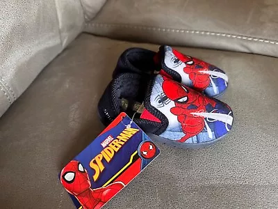 Buy Boys Spiderman Slippers Marvel Slip On Kids Size 8 Fleece Insole Navy BNWT • 3£