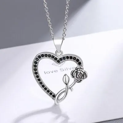 Buy Crystal Heart Rose Choker Necklace Pendant 925 Sterling Silver Womens Jewellery • 4.99£