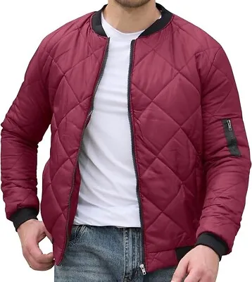 Buy Men's Puffer Jacket Bomber Cotton Padded Lightweight Warm Coat Burgundy Size L • 11.99£