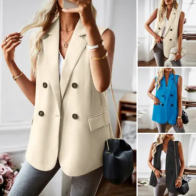 Buy UK Women Sleeveless Turndown Tops Vest Waistcoats Casual Loose Coat Jacket Suit • 15.19£