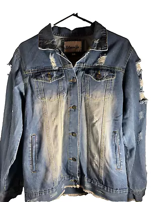 Buy Womens Between Us Distressed Jean Jacket Frayed Torn Holes Goth Punk 80's Ca • 20.73£