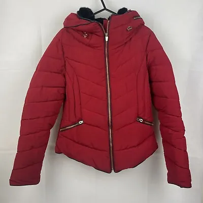 Buy Zara Red Puffer Jacket With Black Faux Fur Lining And Red Removable Hood • 16.99£