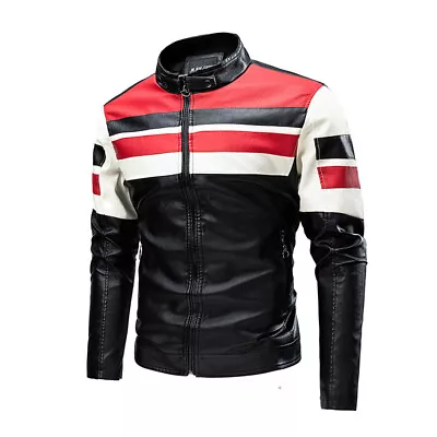 Buy Motorcycle Stitching Leather Jacket Men Stand Collar Retro • 46.99£