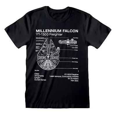 Buy Official Star Wars Millennium Falcon Freighter Plans Print Black T-shirt • 12.99£