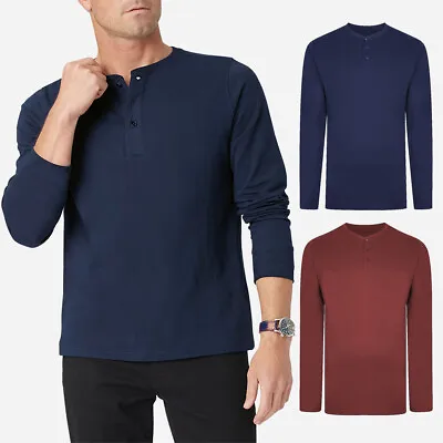 Buy Mens Long Sleeve T-Shirt Plain Grandad Buttons Casual Hanley Regular M - 3XLTops • 6.99£