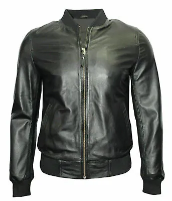 Buy New 70'S Retro Bomber Men's Black Cool Classic Soft Nappa Leather Jacket • 49.99£