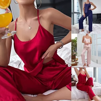 Buy Womens Satin Pyjamas Nightwear PJs Set Silk Cami Vest Nightie Outfit Loungewear • 12.49£