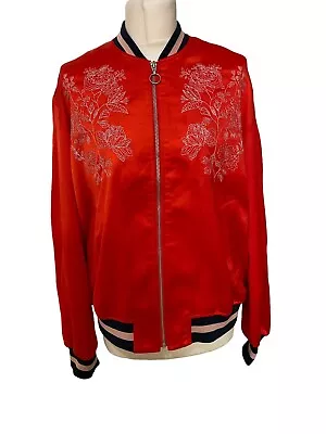 Buy H&M Medium Red Baseball Jacket Embroidered Floral Lined Zip Up Cuffed Worn Once • 5£