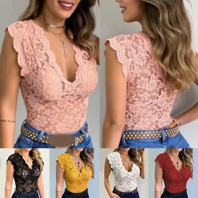 Buy Womens Lace Tops V-neck Camisole Vest T Shirts Solid Slim Sleeveless Blouse Tee& • 10.37£