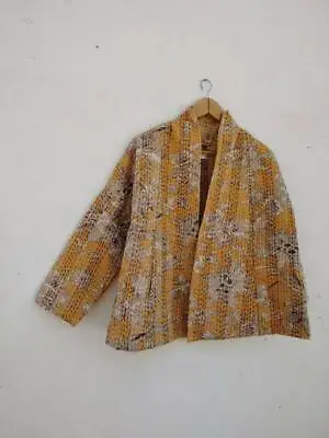 Buy Indian HandMade Kantha Quilt Short Jacket Kimono Women Wear Boho Yellow Color • 42.79£