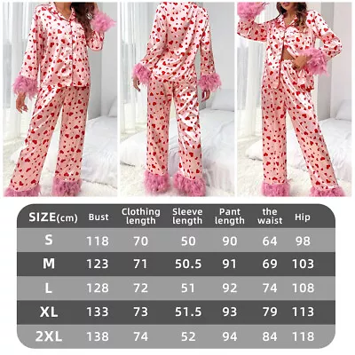 Buy Womens Pajamas Set With Feather Trim Valentine Long Sleeve Button Down Sleepwear • 17.25£