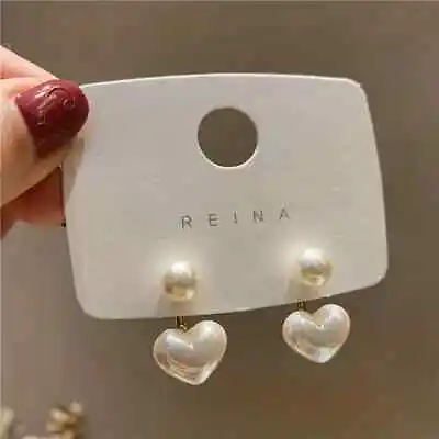 Buy White Heart Pearl Earrings Ear Jackets Retro Elegant E207 • 3.99£