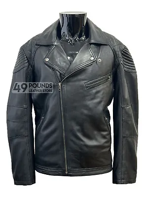Buy Men's Black Quilted Biker Leather Jacket - 100% Real Italian Leather 2016 • 41.65£