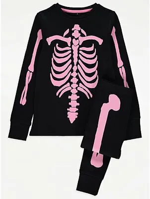 Buy Skeleton Kids Cuffed Pyjamas Ex George Black Halloween Glow In Dark Fancy Dress • 7.95£
