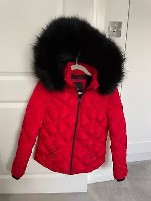 Buy Size 6 River Island Bright Red Puffer Jacket Coat With Black Fur Hood And Belt • 25£