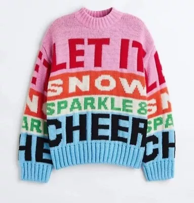 Buy H&M Let It Snow Sparkle Cheer Chunky Jacquard Knit Christmas Jumper S 10 12 Bnwt • 69.99£