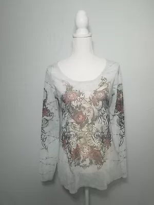 Buy Rock & Republic Sheer Roses Wings Long Sleeve Shirt, Women's Size M Gray Mesh • 17.31£