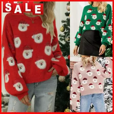 Buy Women Knitted Jumper Print Santa Claus Xmas Sweater Simple Leisure Sweater Shirt • 19.43£
