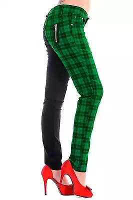 Buy Green Tartan Check Black Split Legs Skinny Punk Stretch Trousers BANNED Apparel • 35.99£