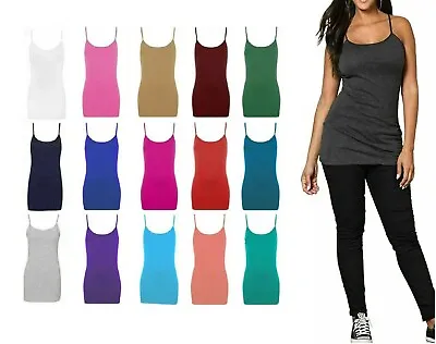 Buy Womens T-Shirt  Long Cami Strappy Stretch Plain Vest New Ladies Cami Vest Top • 7.35£