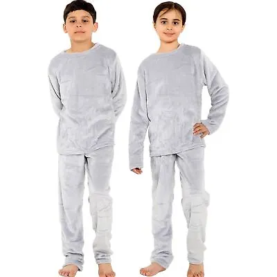Buy Kids Grey Warm Fleece Pyjamas Sleepover 2 Piece Gift Set For Boys & Girls 5-13Yr • 14.99£