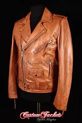 Buy Mens BRANDO SLIM-FIT Leather Jacket Tan Wax Lambskin Smart Bikers Leather Jacket • 85.53£