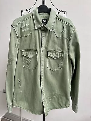 Buy **ZARA** Men’s Khaki Green Distressed Button Up Denim Jacket Shirt Size Small • 24.99£