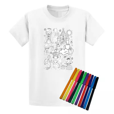 Buy Second Ave Mermaid Princess White T-Shirt Colour In And Wash Out + 10 Pens Girls • 9.95£