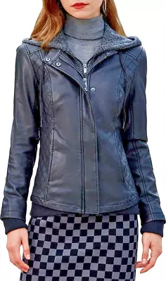 Buy S P Y M Womens Removable Hooded Faux Leather Jacket Quilted Windproof Coat M • 40£