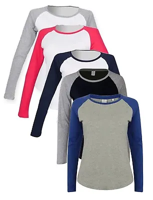 Buy Ladies Womens GREY BLACK BLUE RED Long Sleeve Contrast Baseball Tee T-Shirt • 11.99£