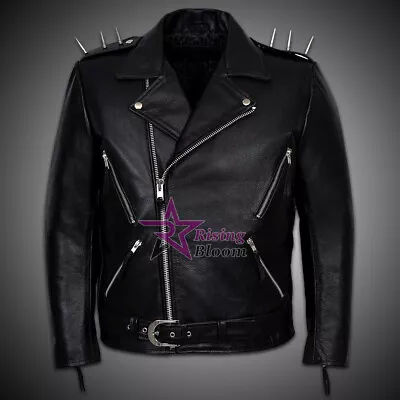 Buy Mens Rider Black Biker Motorcycle Rocker Metal Spikes  Real Leather Jacket • 119.99£