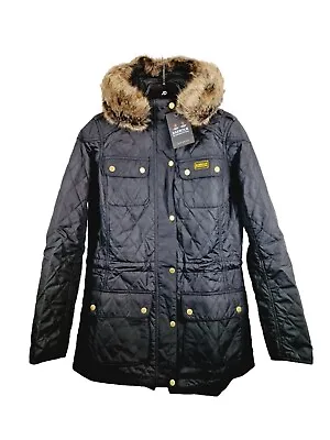 Buy Barbour International Enduro Quilted Ladies Black Fur Hood Jacket UK 12 • 129.99£