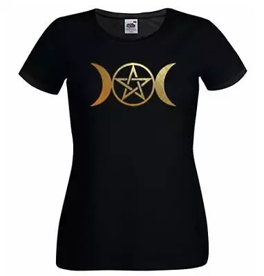 Buy Ladies Black Triple Moon Goddess Pagan Pentacle Wicca Deity T-Shirt • 12.95£