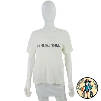Buy Saint Laurent Reverse Spell Out Logo T-Shirt In Naturel & Noir Ivory Size XL • 397.17£