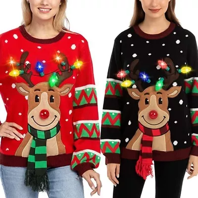 Buy Womens Christmas Sweater Reindeer Knitted Shirt Colorful LED Light Up Jumper Top • 28.49£