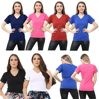 Buy Woman's Ladies Tops Plain Short Sleeve V-NECK T-Shirt Top Plus Size Tops Shirts • 6.49£