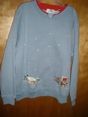 Buy Woman's Christmas Button Up Jacket By Shenanigans Size Large Blue With Stitching • 17.99£