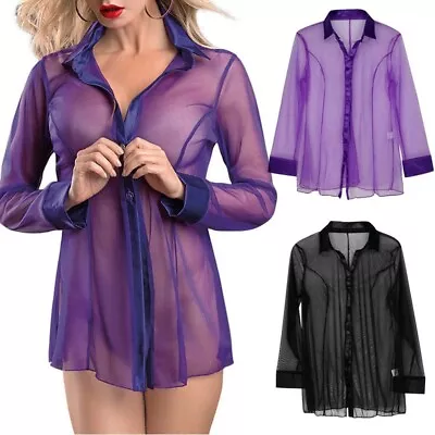 Buy Sexy Womens Transparent Shirts Mesh Blended Underwear Pajamas Pajama Shirts New • 9.22£