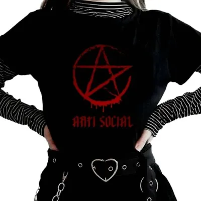 Buy Anti Social Pentagram Red Occult Grunge Gothic Alternative Black T Shirt Top L • 14.95£