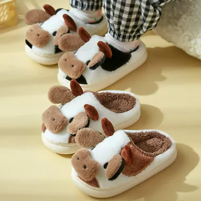 Buy Unisex Fuzzy Cow Slippers Cute Warm Cozy Cotton Shoes Animal Shape Slip-On Home • 3.44£