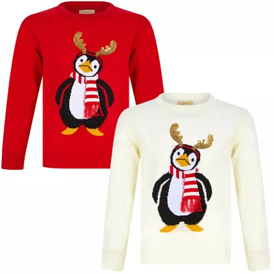 Buy Kids Girls Christmas Jumper Antler Penguin Novelty Sequinned Xmas Sweater • 11.99£