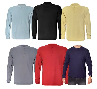 Buy Men's Long Sleeve Plain Henley T-shirts With Grandad Collar Top Soft Wash (2208) • 11.03£